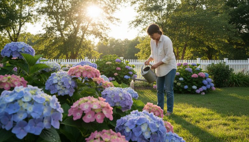 Zalivanje hortenzije u dvorištu Zalivanje hortenzije u dvorištu